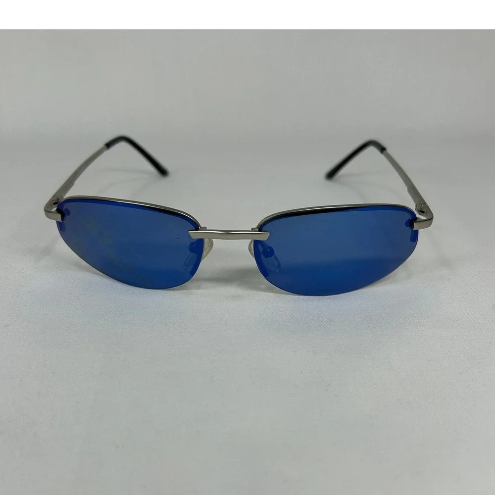 Deadstock Y2K Silver Rimless Sunglasses – Blue Tinted Oval Cyber Shades